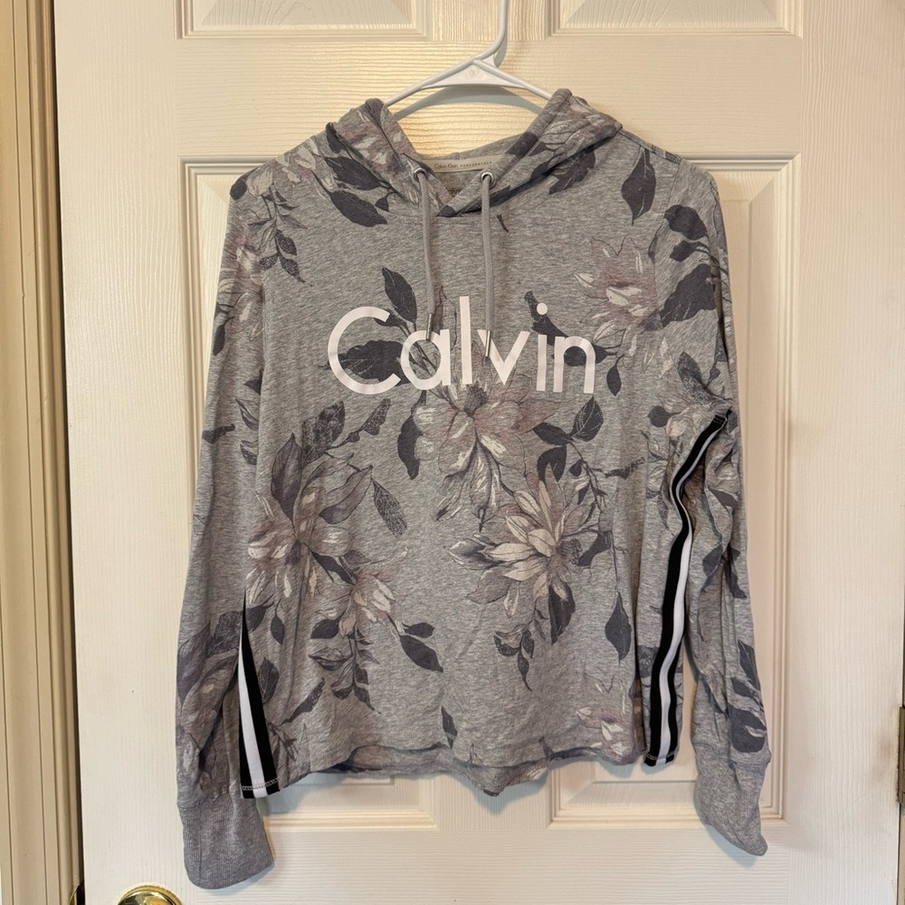 Calvin Klein Performance Floral Print Cropped Hoodie Women's Size Medium Gray